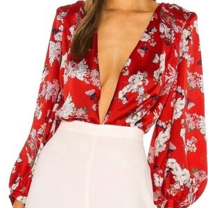 Bronx and Banco Red Floral Bodysuit  Blend Blouse  Shoulder Pads s m